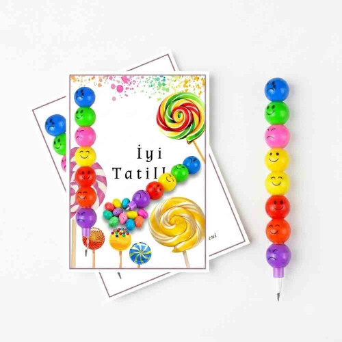 Gülen Yüz Yumurtlayan Kalem ve Lolipop Tasarımlı İyi Tatiller Karne Hediyesi