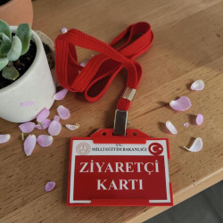 MEB Logolu Okul Ziyaretçi Kartı - Kırmızı Askı Klipsli İpli Set