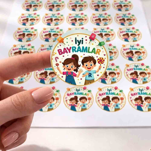 İyi Bayramlar Yazılı 15'li Yuvarlak Sticker Seti - 4 cm Bayram Hediyesi ve Hediyelik Etiketi