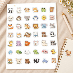 Minik Hayvanlar Çıkartma Seti - A4 Yaprak 40'lı Hazır Kesilmiş Küçük Boyutlu Sevimli Hayvan Sticker