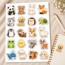 Sevimli Hayvan Çıkartma Seti - A4 Yaprak 20'li Hazır Kesilmiş (Die-Cut) Hayvan Figürlü Sticker