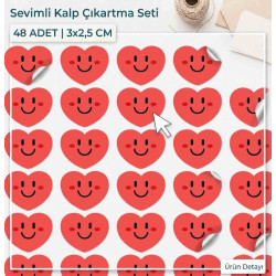Sevimli Gülen Yüz Kalp Çıkartma Seti - 48 Adet (3x2,5 cm)