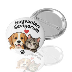 Hayvanları Seviyorum Temalı Buton Rozet - Sevimli Köpek ve Kedili Hayvan Sevgisi Yaka Rozeti
