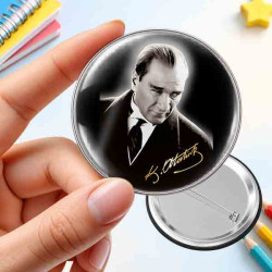 Atatürk Portreli Anma Rozeti - Altın İmzalı Siyah Beyaz Portre 10 Kasım Buton Rozet